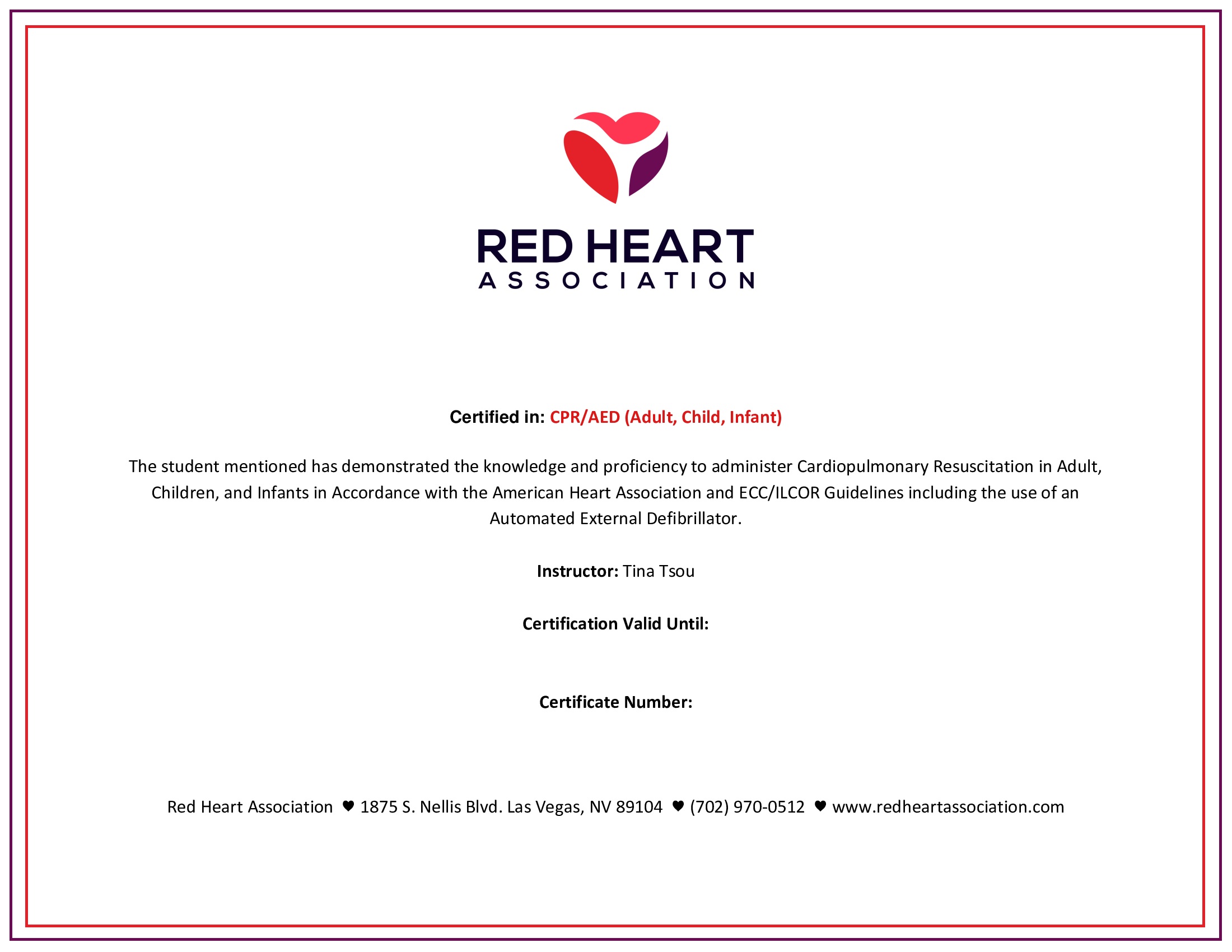 CPR Online Certificate Red Heart Association